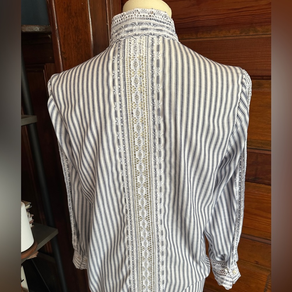 VINTAGE Prairie Style Striped Button Down w/Lace Panels - Picture 7 of 10
